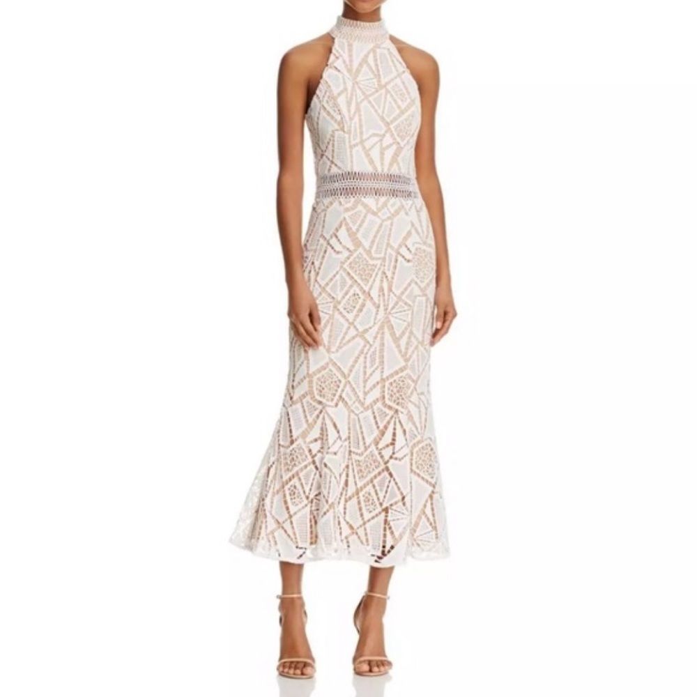 Jarlo Spring Ivory Nude Lace Illusion Flounce Halter Long Dress New With Tag 6